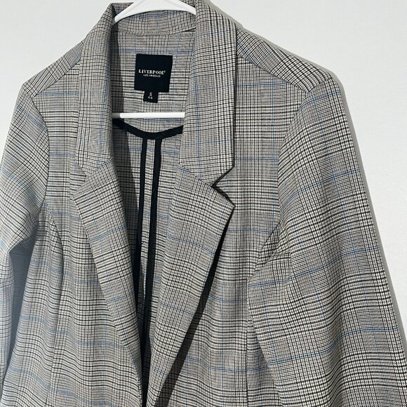 Liverpool Los Angeles Women’s Boyfriend Blazer Small Plaid Blue Beige Open Front - Picture 8 of 14